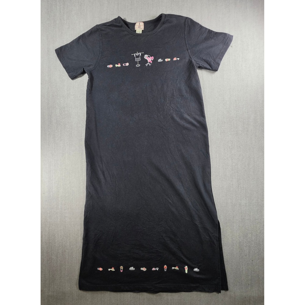 Koret T-Shirt Dress Womens M Black Petite Embroidered Shoes Midi Short Sleeve